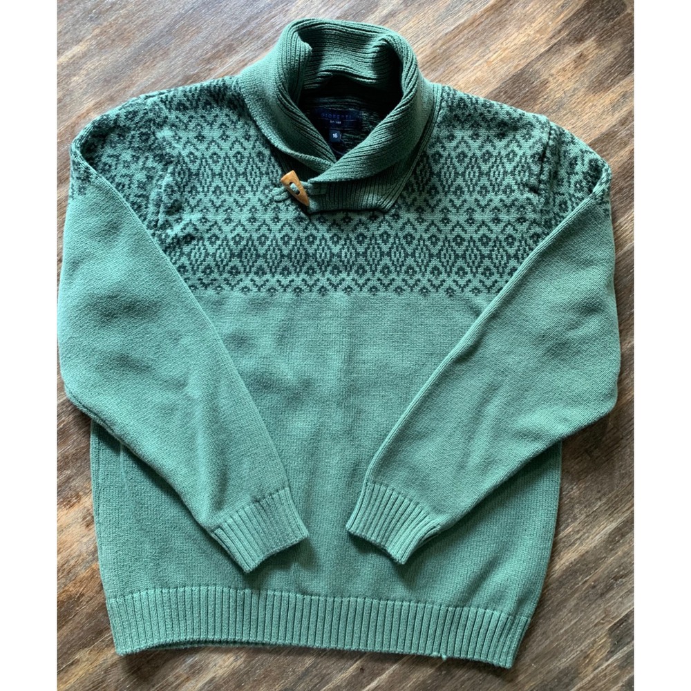 Gioberti Boys Green Fair Isle Cotton Shawl Collar Sweater Size 16 Vintage Retro